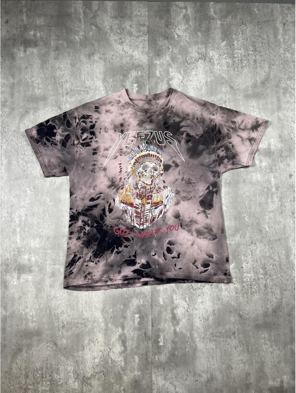 Yeezus Graphic T-Shirt Tie Dye Skull Streetwear Fade Washed
